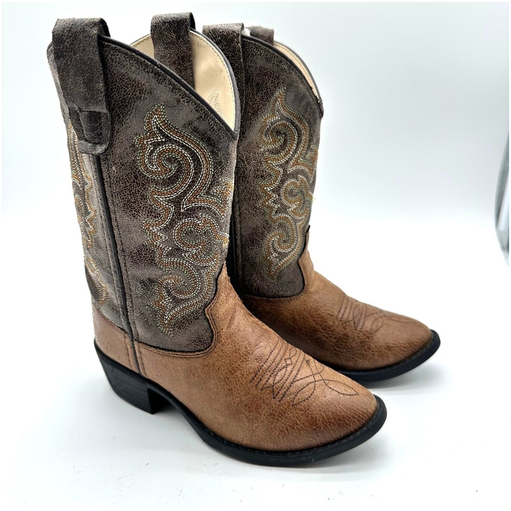 Old West Kids All Over Leatherette J Toe Brown Western Cowboy Boots 10.5 D
